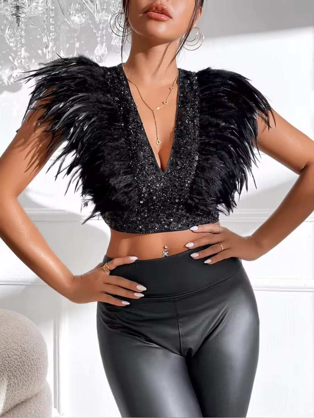 SHEIN Black Sequin Feather Crop Top M Showgirl Burlesque Halloween Costume Party